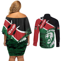 Kenya Lion Head Couples Matching Off Shoulder Short Dress and Long Sleeve Button Shirt Flag Style - Wonder Print Shop