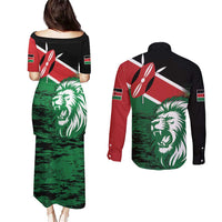 Kenya Lion Head Couples Matching Puletasi and Long Sleeve Button Shirt Flag Style - Wonder Print Shop