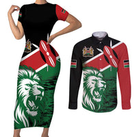 Kenya Lion Head Couples Matching Short Sleeve Bodycon Dress and Long Sleeve Button Shirt Flag Style - Wonder Print Shop