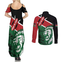 Kenya Lion Head Couples Matching Summer Maxi Dress and Long Sleeve Button Shirt Flag Style - Wonder Print Shop