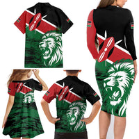 Kenya Lion Head Family Matching Long Sleeve Bodycon Dress and Hawaiian Shirt Flag Style - Wonder Print Shop