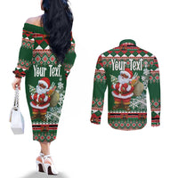 Personalized Kenya Christmas Couples Matching Off The Shoulder Long Sleeve Dress and Long Sleeve Button Shirt African Santa Claus - Heri ya Krismasi