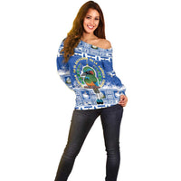 El Salvador Christmas Off Shoulder Sweater The Torogoz Cartoon With Coat Of Arms - Wonder Print Shop