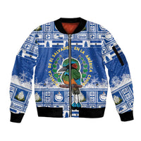 El Salvador Christmas Sleeve Zip Bomber Jacket The Torogoz Cartoon With Coat Of Arms - Wonder Print Shop