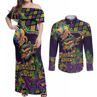 Mardi Gras Alligator Couples Matching Off Shoulder Maxi Dress and Long Sleeve Button Shirt Let the Gator Jazz Roll - Wonder Print Shop