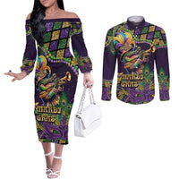 Mardi Gras Alligator Couples Matching Off The Shoulder Long Sleeve Dress and Long Sleeve Button Shirt Let the Gator Jazz Roll - Wonder Print Shop