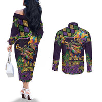 Mardi Gras Alligator Couples Matching Off The Shoulder Long Sleeve Dress and Long Sleeve Button Shirt Let the Gator Jazz Roll - Wonder Print Shop