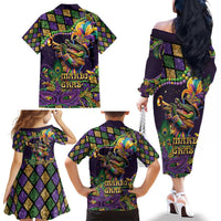 Mardi Gras Alligator Family Matching Off The Shoulder Long Sleeve Dress and Hawaiian Shirt Let the Gator Jazz Roll - Wonder Print Shop