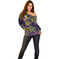 Mardi Gras Alligator Off Shoulder Sweater Let the Gator Jazz Roll - Wonder Print Shop