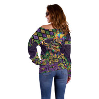 Mardi Gras Alligator Off Shoulder Sweater Let the Gator Jazz Roll - Wonder Print Shop