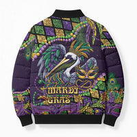 Mardi Gras Pelican Bomber Puffer Jacket Crowned Feathers Carnival Reign - Wonder Print Shop