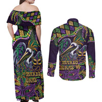 Mardi Gras Pelican Couples Matching Off Shoulder Maxi Dress and Long Sleeve Button Shirt Crowned Feathers Carnival Reign - Wonder Print Shop