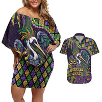 Mardi Gras Pelican Couples Matching Off Shoulder Short Dress and Hawaiian Shirt Crowned Feathers Carnival Reign - Wonder Print Shop