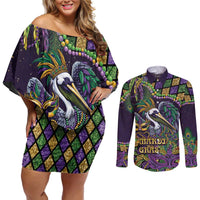 Mardi Gras Pelican Couples Matching Off Shoulder Short Dress and Long Sleeve Button Shirt Crowned Feathers Carnival Reign - Wonder Print Shop
