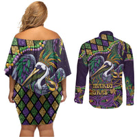Mardi Gras Pelican Couples Matching Off Shoulder Short Dress and Long Sleeve Button Shirt Crowned Feathers Carnival Reign - Wonder Print Shop