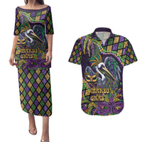 Mardi Gras Pelican Couples Matching Puletasi and Hawaiian Shirt Crowned Feathers Carnival Reign - Wonder Print Shop