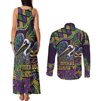 Mardi Gras Pelican Couples Matching Tank Maxi Dress and Long Sleeve Button Shirt Crowned Feathers Carnival Reign - Wonder Print Shop