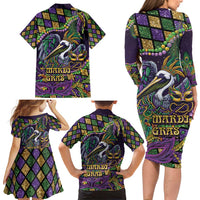 Mardi Gras Pelican Family Matching Long Sleeve Bodycon Dress and Hawaiian Shirt Crowned Feathers Carnival Reign - Wonder Print Shop