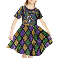 Mardi Gras Pelican Kid Short Sleeve Dress Crowned Feathers Carnival Reign - Wonder Print Shop