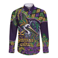 Mardi Gras Pelican Long Sleeve Button Shirt Crowned Feathers Carnival Reign - Wonder Print Shop