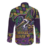 Mardi Gras Pelican Long Sleeve Button Shirt Crowned Feathers Carnival Reign - Wonder Print Shop