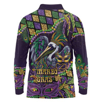 Mardi Gras Pelican Long Sleeve Polo Shirt Crowned Feathers Carnival Reign - Wonder Print Shop