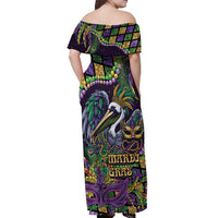 Mardi Gras Pelican Off Shoulder Maxi Dress Crowned Feathers Carnival Reign - Wonder Print Shop