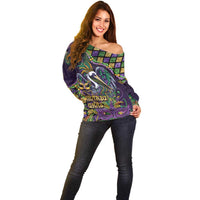 Mardi Gras Pelican Off Shoulder Sweater Crowned Feathers Carnival Reign - Wonder Print Shop