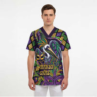 Mardi Gras Pelican Scrub Top Crowned Feathers Carnival Reign - Wonder Print Shop