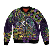Mardi Gras Pelican Sleeve Zip Bomber Jacket Crowned Feathers Carnival Reign - Wonder Print Shop