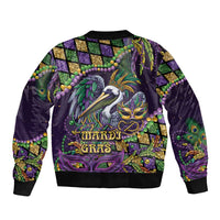Mardi Gras Pelican Sleeve Zip Bomber Jacket Crowned Feathers Carnival Reign - Wonder Print Shop