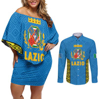 Italy Lazio Couples Matching Off Shoulder Short Dress and Long Sleeve Button Shirt Flag Style LT19