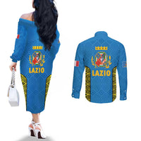 Italy Lazio Couples Matching Off The Shoulder Long Sleeve Dress and Long Sleeve Button Shirt Flag Style LT19