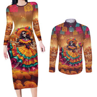 Mexico Day Of The Dead Couples Matching Long Sleeve Bodycon Dress and Long Sleeve Button Shirt Día de los Muertos Catrina - Wonder Print Shop