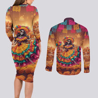 Mexico Day Of The Dead Couples Matching Long Sleeve Bodycon Dress and Long Sleeve Button Shirt Día de los Muertos Catrina - Wonder Print Shop