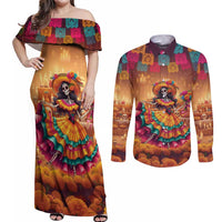 Mexico Day Of The Dead Couples Matching Off Shoulder Maxi Dress and Long Sleeve Button Shirt Día de los Muertos Catrina - Wonder Print Shop