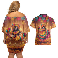 Mexico Day Of The Dead Couples Matching Off Shoulder Short Dress and Hawaiian Shirt Día de los Muertos Catrina - Wonder Print Shop