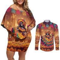 Mexico Day Of The Dead Couples Matching Off Shoulder Short Dress and Long Sleeve Button Shirt Día de los Muertos Catrina - Wonder Print Shop