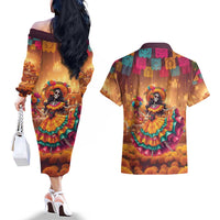 Mexico Day Of The Dead Couples Matching Off The Shoulder Long Sleeve Dress and Hawaiian Shirt Día de los Muertos Catrina - Wonder Print Shop
