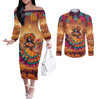 Mexico Day Of The Dead Couples Matching Off The Shoulder Long Sleeve Dress and Long Sleeve Button Shirt Día de los Muertos Catrina - Wonder Print Shop