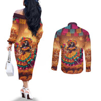 Mexico Day Of The Dead Couples Matching Off The Shoulder Long Sleeve Dress and Long Sleeve Button Shirt Día de los Muertos Catrina - Wonder Print Shop