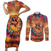Mexico Day Of The Dead Couples Matching Short Sleeve Bodycon Dress and Long Sleeve Button Shirt Día de los Muertos Catrina - Wonder Print Shop