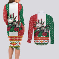 Mexico Christmas Couples Matching Long Sleeve Bodycon Dress and Long Sleeve Button Shirt Cute Axolotl with Flag Style - Wonder Print Shop