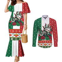 Mexico Christmas Couples Matching Mermaid Dress and Long Sleeve Button Shirt Cute Axolotl with Flag Style - Wonder Print Shop