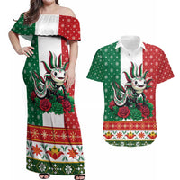 Mexico Christmas Couples Matching Off Shoulder Maxi Dress and Hawaiian Shirt Cute Axolotl with Flag Style - Wonder Print Shop