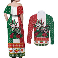 Mexico Christmas Couples Matching Off Shoulder Maxi Dress and Long Sleeve Button Shirt Cute Axolotl with Flag Style - Wonder Print Shop