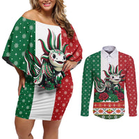 Mexico Christmas Couples Matching Off Shoulder Short Dress and Long Sleeve Button Shirt Cute Axolotl with Flag Style - Wonder Print Shop