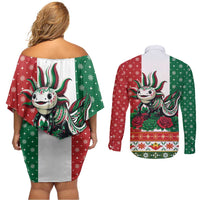 Mexico Christmas Couples Matching Off Shoulder Short Dress and Long Sleeve Button Shirt Cute Axolotl with Flag Style - Wonder Print Shop