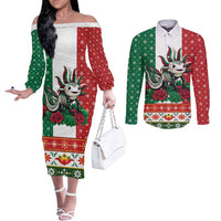 Mexico Christmas Couples Matching Off The Shoulder Long Sleeve Dress and Long Sleeve Button Shirt Cute Axolotl with Flag Style - Wonder Print Shop