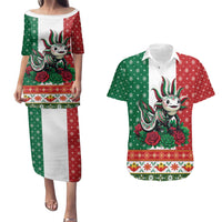 Mexico Christmas Couples Matching Puletasi and Hawaiian Shirt Cute Axolotl with Flag Style - Wonder Print Shop